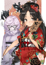 Rule 34 | 2020, 2girls, abyssal ship, alternate costume, black-framed eyewear, black hair, blue eyes, braid, brown eyes, colored skin, commentary request, dated, floral print, glasses, holding, japanese clothes, kantai collection, kimono, long hair, long sleeves, multi-tied hair, multiple girls, nisshin (kancolle), obi, pt imp group, red kimono, sash, short eyebrows, signature, single braid, smile, supply depot princess, toka (marchlizard), very long hair, white hair, white kimono, white skin, wide sleeves