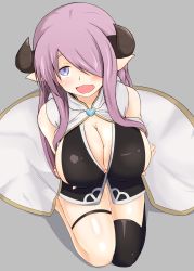 Rule 34 | 10s, 1girl, akiryu, bare shoulders, blush, breast hold, breasts, cleavage, cow girl, cow horns, female focus, from above, granblue fantasy, hair over one eye, highres, horns, huge breasts, kneeling, long hair, looking at viewer, narmaya (granblue fantasy), open mouth, pointy ears, purple eyes, purple hair, sideboob, simple background, skirt, solo, thighhighs