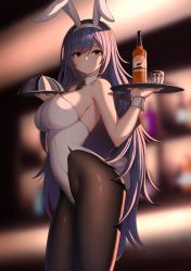 Rule 34 | 1girl, :3, absurdres, animal ears, bad id, bad pixiv id, bare arms, bare shoulders, between breasts, black necktie, black pantyhose, bottle, breasts, closed mouth, cup, detached collar, drinking glass, fake animal ears, fake tail, from side, girls&#039; frontline, highres, ice, ice cube, kagi f, large breasts, leotard, long hair, necktie, necktie between breasts, pantyhose, playboy bunny, purple hair, rabbit ears, rabbit tail, sideboob, solo, standing, tail, tar-21 (girls&#039; frontline), tray, white leotard, wrist cuffs, yellow eyes