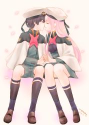 Rule 34 | 10s, 1boy, 1girl, black hair, black pantyhose, boots, brown footwear, capelet, closed eyes, commentary request, couple, darling in the franxx, face-to-face, forehead-to-forehead, fringe trim, hat, heads together, hetero, highres, hiro (darling in the franxx), holding hands, legwear garter, long hair, long sleeves, military, military uniform, necktie, pantyhose, peaked cap, petals, pink hair, red neckwear, shoes, short hair, signature, sitting, socks, uniform, usagizado, white capelet, white footwear, white headwear, zero two (darling in the franxx)