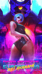 Rule 34 | 1girl, absurdres, adjusting clothes, adjusting swimsuit, ass, ayanami rei, black one-piece swimsuit, blue hair, blue nails, breasts, character name, competition swimsuit, copyright name, cowboy shot, cropped legs, eva 00, eyeshadow, from behind, highres, lips, looking at viewer, looking back, makeup, medium breasts, monori rogue, nail polish, neon genesis evangelion, one-piece swimsuit, pinup (style), red eyes, short hair, solo focus, standing, sunset, swimsuit, synthwave, wireframe