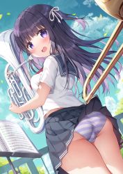 Rule 34 | 1girl, accidental exposure, ass, blush, clothes lift, colored inner hair, day, dutch angle, euphonium, ezoshika, from behind, highres, instrument, looking back, multicolored hair, music stand, one side up, open mouth, original, outdoors, panties, purple hair, railing, school uniform, sheet music, skirt, skirt caught on object, skirt lift, striped clothes, striped panties, thighs, trombone, underwear, wardrobe malfunction