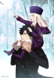Rule 34 | 1girl, black hair, black jacket, black necktie, blouse, boots, capelet, coat, crying, emiya kiritsugu, fate/zero, fate (series), father and daughter, floating hair, fur hat, grey shirt, grin, hand on another&#039;s head, hat, illyasviel von einzbern, index finger raised, jacket, long hair, long sleeves, meiji ken, necktie, open clothes, open jacket, pants, papakha, purple capelet, purple coat, purple footwear, purple hat, red eyes, scarf, shirt, silver hair, smile, solo, spiked hair, twitter username, white pants, white scarf, winter clothes, winter coat