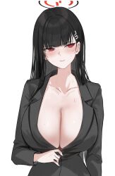 Rule 34 | 1girl, alracoco, averting eyes, black hair, black jacket, blazer, blue archive, breasts, cleavage, collarbone, halo, highres, huge breasts, jacket, long hair, no shirt, red eyes, rio (blue archive), simple background, solo, straight hair, upper body, very long hair, white background