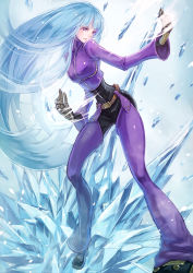 Rule 34 | 1girl, absurdres, aqua hair, belt, blue hair, bodysuit, boots, breasts, chaps, covered navel, cropped jacket, fighting stance, gloves, highres, ice, kula diamond, lira mist, long hair, medium breasts, purple bodysuit, purple eyes, narrow waist, solo, the king of fighters, very long hair