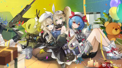 absurdres apple bad_link balloon black_gloves blonde_hair candle food fruit girls&#039;_frontline gloves gun highres long_hair multiple_girls planet thighhighs weapon