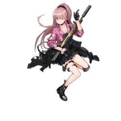 Rule 34 | 1girl, assault rifle, black choker, black footwear, black gloves, black jacket, black scrunchie, boots, breasts, character name, choker, clothes around waist, collarbone, damaged, earrings, facial mark, full body, girls&#039; frontline, gloves, grey skirt, grin, gun, hair between eyes, hair ornament, hand up, holding, holding gun, holding weapon, index finger raised, infukun, jacket, jacket around waist, jewelry, knee pads, logo, long hair, looking at viewer, medium breasts, multiple piercings, musical note, official art, one eye closed, pink eyes, pink hair, pleated skirt, ponytail, purple shirt, r5 (girls&#039; frontline), remington arms, remington r5 rgp, rifle, scope, scrunchie, shirt, sidelocks, single knee pad, skirt, smile, solo, stud earrings, suspenders, thigh strap, torn clothes, transparent background, weapon, white scrunchie, wrist scrunchie