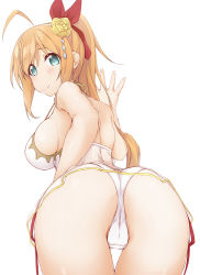 Rule 34 | 1girl, ahoge, ass, babydoll, back, blue eyes, blush, breasts, cameltoe, flower, flower on head, from behind, hinata masaki, large breasts, looking at viewer, looking back, orange hair, pecorine (princess connect!), ponytail, princess connect!, sideboob, simple background, smile, thighs, white background, wide hips