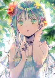 Rule 34 | 1girl, :o, absurdres, adjusting hair, bare shoulders, day, dress, dsmile, flower, green eyes, green hair, hair flower, hair ornament, highres, leaf, long hair, looking at viewer, multicolored nails, nail polish, open mouth, original, outdoors, scan, simple background, sleeveless, sleeveless dress, solo, sundress, sunlight, tree, upper body, white dress