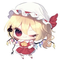 Rule 34 | 1girl, absurdres, ascot, back bow, blonde hair, bow, chibi, closed mouth, collared shirt, commentary, flandre scarlet, frilled skirt, frilled sleeves, frills, full body, hair between eyes, hat, hat ribbon, highres, holding, laevatein (touhou), looking at viewer, mangi5000, medium hair, mob cap, one eye closed, puffy short sleeves, puffy sleeves, red eyes, red footwear, red ribbon, red skirt, red vest, ribbon, shirt, short sleeves, simple background, skirt, skirt set, smile, solo, symbol-only commentary, touhou, vest, white background, white bow, white hat, white legwear, white shirt, wings, yellow ascot