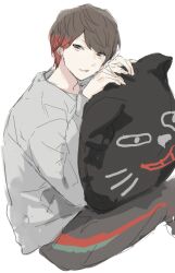 Rule 34 | 1boy, black eyes, black pants, brown hair, cat-shaped pillow, closed mouth, colored tips, commentary request, grey shirt, hands up, hugging object, jiz (pffbq), kiyo (youtuber), long sleeves, male focus, multicolored hair, pants, pillow, pillow hug, real life, red hair, shirt, short hair, simple background, sitting, smile, solo, white background