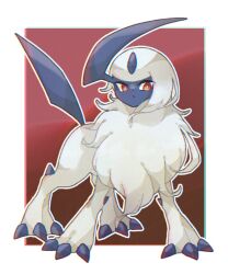 Rule 34 | absol, animal feet, animal focus, border, claws, closed mouth, commentary request, creatures (company), dot nose, forehead jewel, game freak, gen 3 pokemon, highres, horns, nintendo, no humans, pokemon, pokemon (creature), red background, red eyes, single horn, tail, towa (clonea), white border, white fur