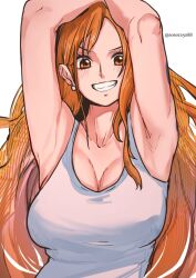 Rule 34 | 1girl, aosora2823, armpits, arms up, earrings, female focus, highres, jewelry, long hair, looking at viewer, nami (one piece), one piece, orange eyes, orange hair, shirt, smile, white background, white shirt