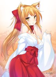 Rule 34 | 1girl, 47agdragon, :o, animal ears, arm behind back, bare shoulders, blonde hair, blush, bow, breasts, brown eyes, cleavage, commentary request, contrapposto, cowboy shot, detached collar, fox ears, gradient background, hair bow, hakama, hakama skirt, highres, japanese clothes, long hair, long sleeves, looking at viewer, medium breasts, miko, off shoulder, open mouth, original, ponytail, red bow, red hakama, shiny skin, skirt, sleeves past wrists, solo, standing, wide sleeves