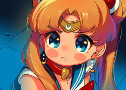 Rule 34 | 1girl, artist request, bishoujo senshi sailor moon, blonde hair, blue eyes, blue sailor collar, bow, bowtie, breasts, chibi, choker, crescent, crescent earrings, derivative work, earrings, from above, from side, hair ornament, heart, heart choker, highres, jewelry, looking up, meme, parted bangs, parted lips, red bow, red bowtie, red choker, sailor collar, sailor moon, sailor moon redraw challenge (meme), school uniform, screenshot redraw, serafuku, solo, tiara, tsukino usagi, twintails, upper body
