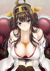 Rule 34 | 10s, 1girl, ahoge, bare shoulders, black thighhighs, blush, boots, breasts, brown eyes, brown hair, bust cup, couch, detached sleeves, double bun, frilled skirt, frills, hair bun, hairband, headgear, isse, japanese clothes, kantai collection, kongou (kancolle), large breasts, light smile, liquid, long hair, miniskirt, nontraditional miko, ribbon-trimmed sleeves, ribbon trim, skirt, solo, thigh boots, thighhighs, zettai ryouiki