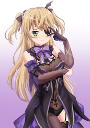 Rule 34 | 1girl, bare shoulders, black dress, black gloves, blonde hair, blush, bow, breasts, brown sleeves, brown thighhighs, cleavage, closed mouth, commentary request, detached sleeves, dress, eyepatch, fischl (genshin impact), garter straps, genshin impact, gloves, gradient background, green eyes, hair over one eye, hand up, highres, koyuki (azumaya999), long hair, long sleeves, looking at viewer, medium breasts, purple background, purple bow, single thighhigh, sleeves past wrists, smile, solo, thighhighs, two side up, v over eye, very long hair, white background