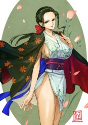 Rule 34 | 1girl, bare legs, black hair, breasts, cape, dress, highres, japanese clothes, konohana, lips, long hair, looking at viewer, nico robin, one piece, shiny skin, short dress, sideboob, solo, thick thighs, thighs, turquoise eyes, wide hips