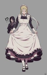 Rule 34 | !?, 1boy, 1girl, apron, arizuka (catacombe), black gloves, black hair, bloodborne, blue eyes, capelet, closed mouth, clothes lift, commentary request, dress, frilled apron, frills, gloves, grey background, hair over one eye, highres, holding, holding clothes, holding skirt, juliet sleeves, long hair, long skirt, long sleeves, maid, maid apron, maid headdress, open mouth, puffy sleeves, sidelocks, skirt, skirt lift, smile, sweat, victorian maid, white legwear