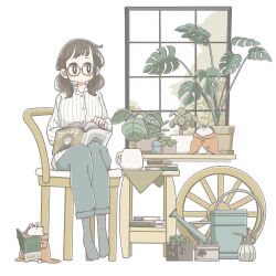 Rule 34 | 1girl, book, book stack, chair, closed mouth, glasses, hedgehog, highres, holding, holding magazine, low twintails, magazine (object), original, plant, potted plant, short hair, short twintails, sitting, solo, tameikirakuda, twintails, watering can, window