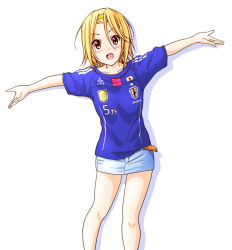 Rule 34 | 1girl, :d, alternate costume, belt, blonde hair, blush, breasts, brown eyes, brown hair, cosplay, denim, denim skirt, double vertical stripe, dresstrip, emblem, hair between eyes, hairband, happy, japan, japanese flag, jersey, k-on!, looking at viewer, miniskirt, open mouth, outstretched arms, pencil skirt, shadow, short hair, short sleeves, simple background, skirt, small breasts, smile, soccer, soccer jersey, soccer uniform, solo, sportswear, spread arms, standing, tainaka ritsu, uniform, white background, world cup, yellow eyes