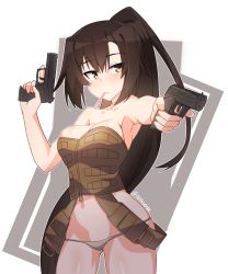 Rule 34 | 1girl, armpits, bare arms, bare shoulders, belt, blush, breasts, brown eyes, brown hair, closed mouth, corset, cowboy shot, dual wielding, gluteal fold, grey panties, gun, hair between eyes, hand up, handgun, highres, holding, holding gun, holding weapon, index finger raised, large breasts, long hair, looking away, looking to the side, mouth hold, panties, pistol, ponytail, skindentation, solo, standing, tilt-shift (azalanz), trigger discipline, twitter username, underwear, very long hair, weapon
