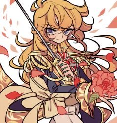 Rule 34 | 1girl, aiguillette, blonde hair, blue eyes, blue jacket, closed mouth, epaulettes, flower, hair between eyes, holding, holding flower, holding sword, holding weapon, jacket, long hair, long sleeves, looking at viewer, meremero, oscar francois de jarjayes, pants, petals, rapier, red flower, red rose, reverse trap, rose, rose petals, smile, solo, standing, sword, versailles no bara, weapon, white background, white pants