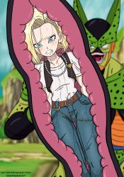 Rule 34 | android 18, belt, black vest, blonde hair, blue eyes, cell (dragon ball), clenched teeth, denim, dragon ball, earrings, highres, jeans, jewelry, nashdnash2007, necklace, pants, pearl necklace, scared, shirt, short hair, slimy, teeth, vest, vore, white shirt