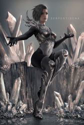 Rule 34 | 1girl, bodysuit, breasts, claws, commentary, covered navel, crystal, english commentary, grey background, grey hair, high heels, looking at viewer, medium breasts, original, outstretched hand, serpentigena, short hair, sitting, solo