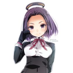 Rule 34 | 1girl, black gloves, commentary request, dated, forehead, gloves, hair intakes, halo, hama ( hama000), highres, kantai collection, looking at viewer, mechanical halo, neck ribbon, one-hour drawing challenge, purple eyes, purple hair, ribbon, short hair, simple background, smile, solo, tatsuta (kancolle), twitter username, upper body, white background
