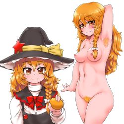 Rule 34 | 1girl, arm up, armpit hair, armpits, azusa (cookie), black capelet, black dress, black headwear, blonde hair, blonde pubic hair, blouse, blush, bow, braid, breasts, buttons, capelet, closed mouth, commentary request, completely nude, cookie (touhou), cowboy shot, dress, eyes visible through hair, female pubic hair, food, fruit, hair between eyes, hair bow, hat, hat ribbon, highres, holding, holding food, holding fruit, kirisame marisa, long hair, long sleeves, looking at viewer, mandarin orange, medium breasts, multiple views, nipples, nude, otemoto (baaaaloooo), pubic hair, red bow, red star, ribbon, shirt, side braid, simple background, single braid, smile, star (symbol), touhou, upper body, white background, white bow, white shirt, witch hat, yellow ribbon