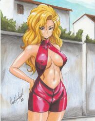 Rule 34 | 1girl, 2022, blonde hair, bodysuit, breasts, breasts apart, brown eyes, center opening, cleavage, clothing cutout, covered erect nipples, dress, dress shorts, eyeshadow, golden boy, hand on own hip, highres, house, large breasts, long hair, looking at viewer, makeup, navel, onna shachou, outdoors, ravernclouk design, red bodysuit, red dress, red nails, revealing clothes, sleeveless, sleeveless bodysuit, tight clothes, traditional media, wall