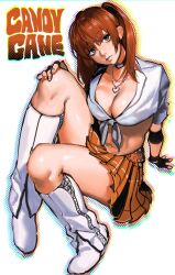 Rule 34 | 1girl, absurdres, breasts, brown hair, candy cane (rumble roses), cleavage, front-tie top, green eyes, half-closed eyes, highres, konami, large breasts, looking at viewer, midriff, navel, parted lips, rumble roses, school uniform, shirt, sitting, skirt, solo, tied shirt, twintails