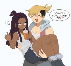 Rule 34 | !, 1boy, 1girl, black hair, black shorts, blonde hair, carrying, commentary, cowboy shot, cup, dark skin, dark-skinned male, drinking, english commentary, closed eyes, freckles, grey tank top, hand up, heart, highres, long hair, nail polish, open mouth, original, ponytail, princess carry, shorts, simple background, sky guy art, smile, spoken exclamation mark, tank top, tomboy, trap, white background, yellow nails