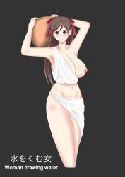 Rule 34 | 1girl, absurdres, ahoge, armpits, bad id, bad pixiv id, black background, blush, breast slip, breasts, brown hair, carrying over shoulder, chibiosaka, embarrassed, english text, female focus, fine art parody, hair ribbon, highres, japanese text, kantai collection, large breasts, long hair, looking to the side, mamiya (kancolle), midriff, nabe, navel, nipples, one breast out, open mouth, parody, pot, red eyes, ribbon, shiny skin, simple background, solo, standing, tareme, thighhighs