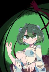 Rule 34 | 1girl, breasts, bucket, green eyes, green hair, hair bobbles, hair ornament, highres, in bucket, in container, kisume, medium breasts, one-hour drawing challenge, r.h no.1 fuyumomo, sarashi, short hair, smile, solo, touhou, underboob, wooden bucket