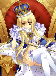 Rule 34 | 1girl, absurdres, blonde hair, bow, brown eyes, cape, carnelian, crossed legs, crown, gloves, highres, jewelry, lace, lace-trimmed legwear, lace trim, legs, long hair, looking at viewer, naked cape, navel, no panties, original, queen, ribbon, scan, scepter, sitting, sitting on object, solo, thighhighs, thighs, throne, white gloves, white thighhighs, yellow eyes