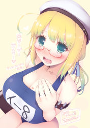 Rule 34 | 1girl, ammunition, armband, blonde hair, breasts, cleavage, dated, from above, glasses, green eyes, hat, i-8 (kancolle), impossible clothes, impossible swimsuit, jewelry, kantai collection, large breasts, low twintails, morita (moritania), name tag, one-piece swimsuit, open mouth, peaked cap, red-framed eyewear, ring, sailor hat, school swimsuit, semi-rimless eyewear, solo, swimsuit, text focus, twintails, under-rim eyewear, wedding ring