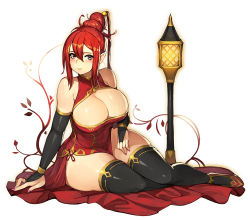 Rule 34 | 1girl, aged up, beehive hairdo, black gloves, black thighhighs, blush, breasts, bridal gauntlets, china dress, chinese clothes, cleavage, cleavage cutout, clothing cutout, commentary, commission, dress, elbow gloves, english commentary, fingernails, fire emblem, fire emblem fates, full body, gloves, gurimjang, highres, huge breasts, kana (female) (fire emblem), kana (fire emblem), lantern, long dress, looking at viewer, medium hair, nail polish, nintendo, pelvic curtain, pink nails, pixiv commission, pointy ears, pointy footwear, purple eyes, red dress, red footwear, red hair, side slit, sitting, solo, thick thighs, thighhighs, thighs, yokozuwari