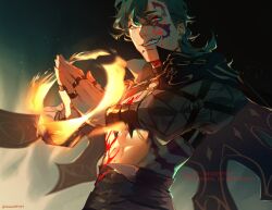 Rule 34 | 1boy, blood, cape, d4ggerfish, fire emblem, fire emblem engage, green hair, grin, griss (fire emblem), highres, magic, muscular, nintendo, orange eyes, piercing, red eyes, signature, smile, solo, tagme, tattoo