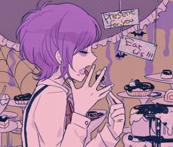 Rule 34 | 10s, 1boy, amo (yellowpink a), bags under eyes, bat (animal), bow, bowtie, cake, child, cream, diabolik lovers, eating, closed eyes, fangs, food, fork, male focus, purple hair, sakamaki kanato, solo, suspenders, sweets, tongue, aged down