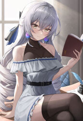 Rule 34 | 1girl, bare shoulders, belt, black thighhighs, book, bronya rand, chair, closed mouth, commentary request, crossed legs, dress, drill hair, earrings, feet out of frame, frills, grey dress, grey hair, highres, holding, holding book, honkai: star rail, honkai (series), indoors, inkwell, jewelry, light particles, light rays, long hair, looking at viewer, mookyuu9, on table, open book, paper, quill, sitting, smile, solo, table, thighhighs, very long hair, window, yellow eyes