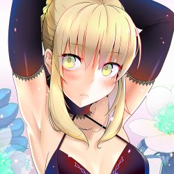 Rule 34 | 1girl, alcoholrang, armpits, arms up, artoria pendragon (fate), black gloves, blonde hair, blush, elbow gloves, fate/stay night, fate (series), gloves, lingerie, looking at viewer, saber (fate), saber alter, solo, standing, underwear, yellow eyes
