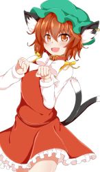 Rule 34 | 1girl, :d, animal ears, brown eyes, cat ears, cat tail, chen, earrings, green headwear, hat, highres, jewelry, mob cap, multiple tails, nekomata, open mouth, paw pose, seo haruto, single earring, smile, tail, touhou, two tails