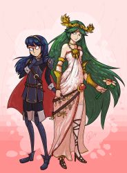 Rule 34 | 2girls, blue eyes, blue hair, cape, crossover, fingerless gloves, fire emblem, fire emblem awakening, flower, gloves, green eyes, green hair, holding hands, highres, jewelry, kid icarus, long hair, lots of jewelry, lucina (fire emblem), multiple girls, nintendo, palutena, super smash bros., thighhighs, very long hair