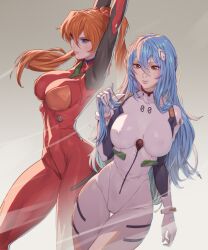 Rule 34 | 2girls, absurdres, alternate breast size, arms up, artist name, arttoru, ass, ayanami rei, blue eyes, blue hair, bodysuit, breasts, brown hair, covered navel, curvy, evangelion: 3.0+1.0 thrice upon a time, hair down, highres, interface headset, large breasts, lips, long hair, looking at viewer, multiple girls, narrow waist, neon genesis evangelion, parted lips, plugsuit, rebuild of evangelion, red bodysuit, red eyes, shiny clothes, skin tight, souryuu asuka langley, twintails, two side up, very long hair, white bodysuit