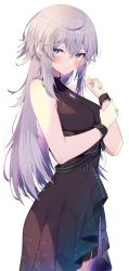 Rule 34 | 1girl, absurdres, black dress, blue eyes, breasts, cleavage cutout, closed mouth, clothing cutout, dress, hair between eyes, highres, jun (aousa0328), long hair, looking at viewer, medium breasts, original, silver hair, simple background, sleeveless, sleeveless dress, solo, white background