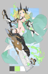 Rule 34 | absurdres, armor, blonde hair, bridal garter, celtic knot, closed mouth, color guide, detached collar, fiery hair, forehead, forehead jewel, gauntlets, green eyes, groin, headgear, heart pasties, highres, huge weapon, looking at viewer, medium hair, n9+, navel, original, ornate armor, ornate weapon, parted bangs, pasties, revealing clothes, ribs, signature, sword, symbol-shaped pupils, thighhighs, triangle-shaped pupils, veil, weapon