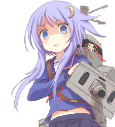 Rule 34 | 10s, 1girl, absurdres, aiming, aiming at viewer, blouse, blue skirt, crescent, crescent hair ornament, hair ornament, highres, kantai collection, long sleeves, looking at viewer, machinery, midriff, neckerchief, pink hair, pleated skirt, pureji oshou, purple eyes, sailor collar, school uniform, serafuku, shaded face, shirt, short hair, short hair with long locks, simple background, skirt, solo, white background, yayoi (kancolle)