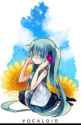 Rule 34 | 1girl, aqua eyes, aqua hair, bad id, bad pixiv id, cloud, female focus, flower, full body, hanepochi, hatsune miku, headphones, long hair, open mouth, outdoors, sitting, skirt, sky, solo, thighhighs, twintails, very long hair, vocaloid, white background